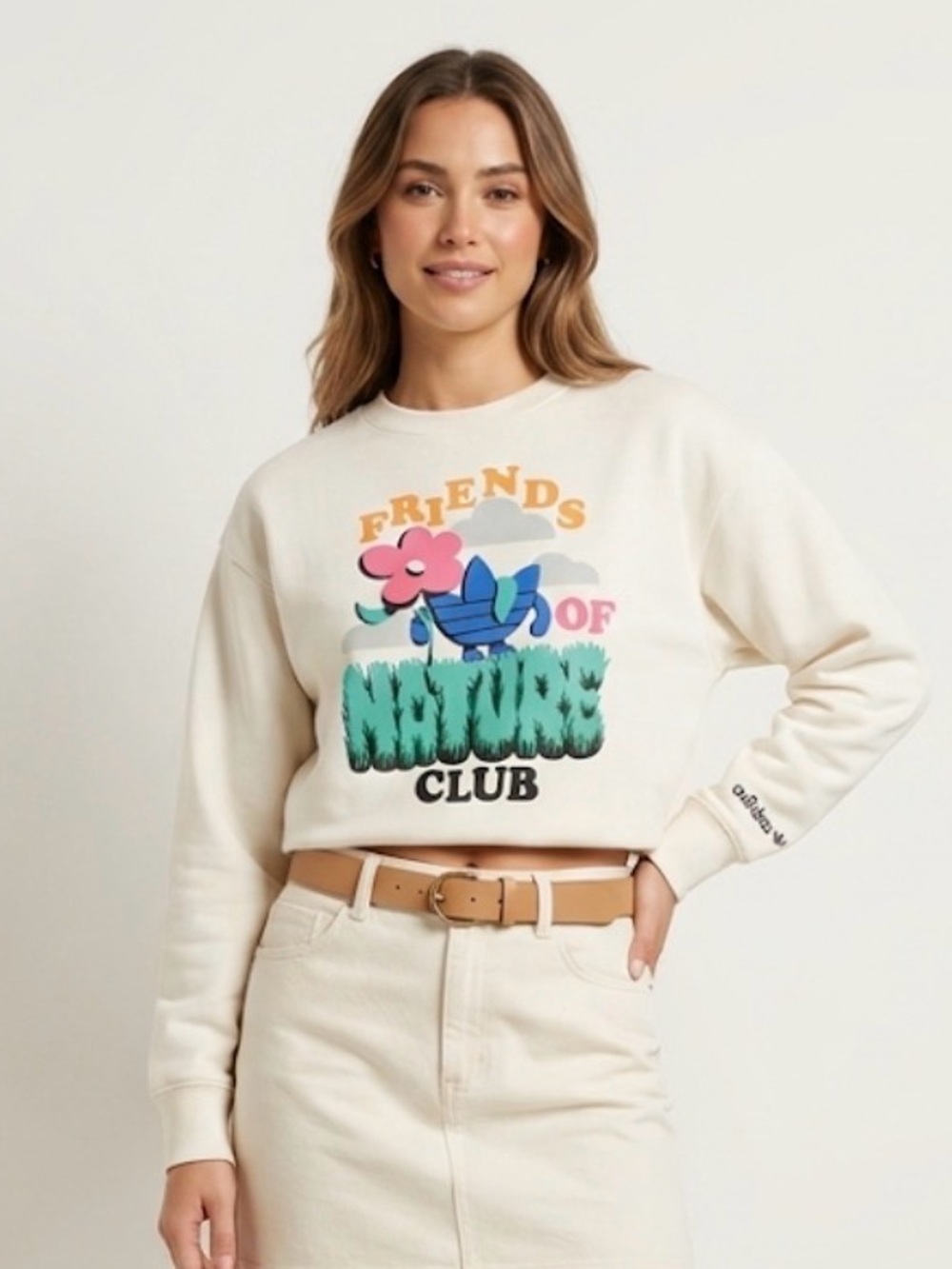 adidas Cream Graphic Crewneck Sweatshirt with Multicolor Floral Print size small